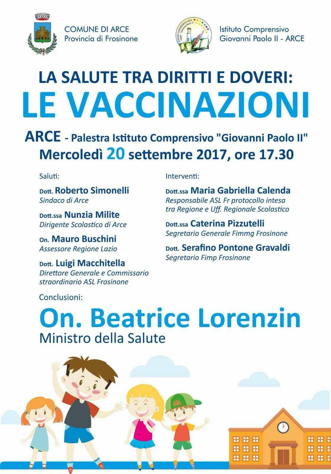 Arce, vaccinazioni obbligatorie: il 20 Settembre incontro con il ministro Lorenzin