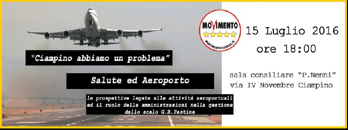 Ciampino, M5S parla di salute e aeroporto il 15 luglio