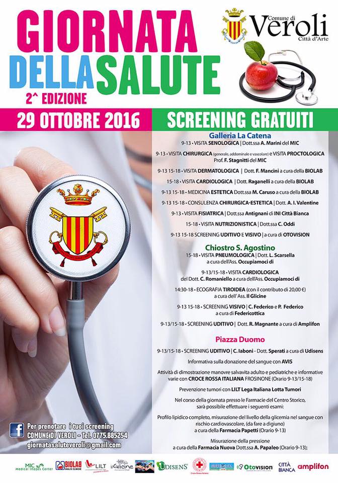 Veroli, il 29 ottobre la seconda edizione della Giornata della Salute screening gratuiti