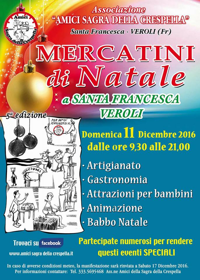 Veroli, Domenica 11 dicembre il mercatino di Natale a Santa Francesca