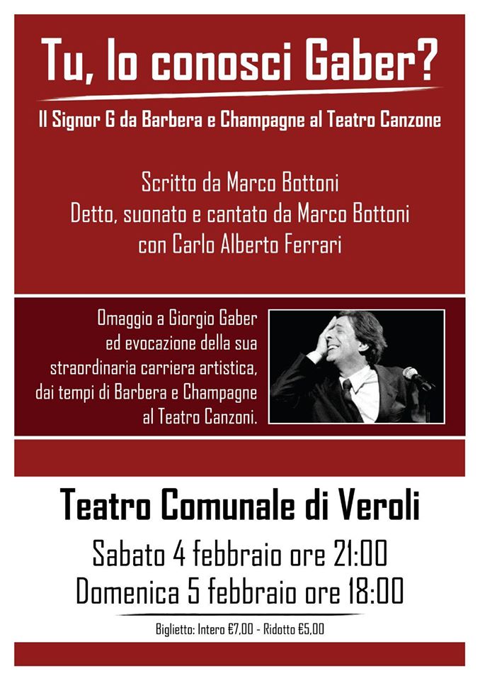 Veroli nel fine settimana al teatro comunale in scena “Tu lo conosci Gaber?”