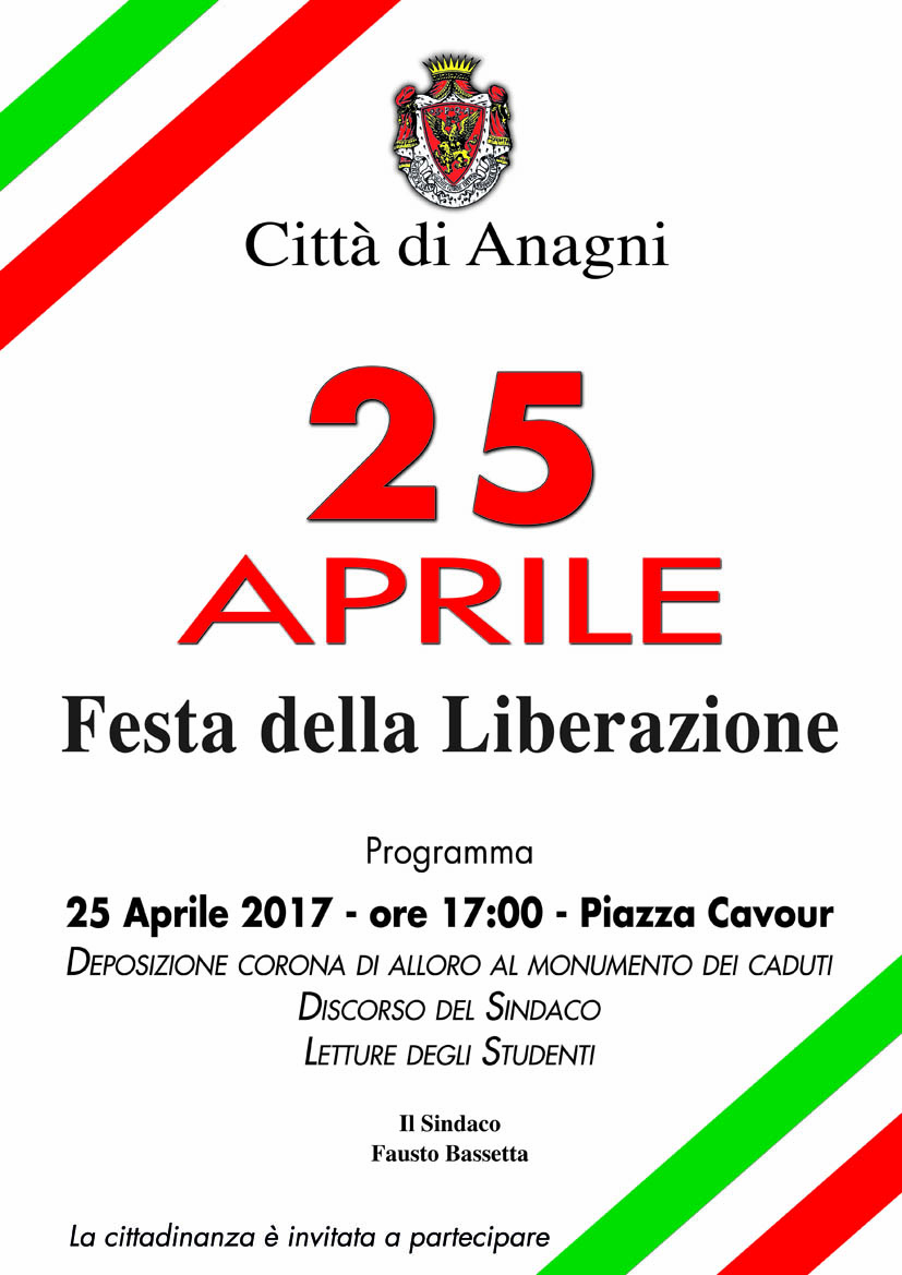Anagni, 25 aprile 2017: cerimonia commemorativa in occasione della Festa della Liberazione