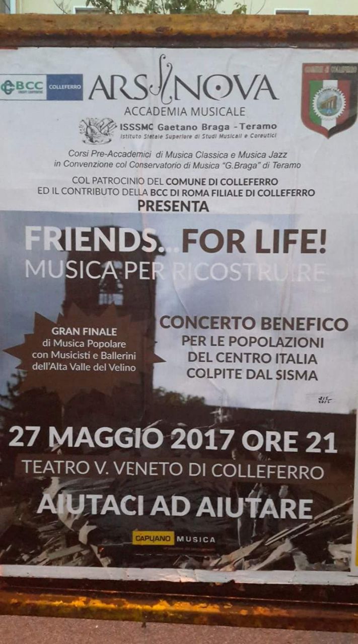 Colleferro, concerto benefico per i terremotati: "Friends for life... musica per ricostruire"