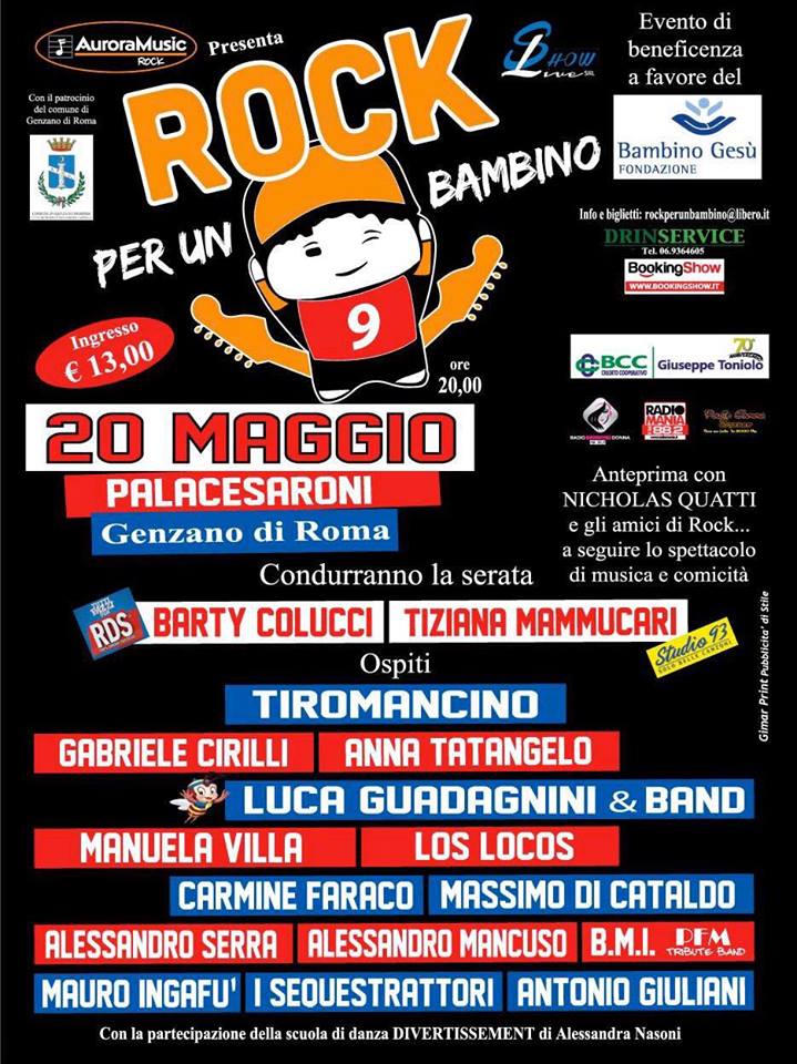 Genzano, sabato 20 maggio al PalaCesaroni lo spettacolo di beneficenza "Rock per un bambino"