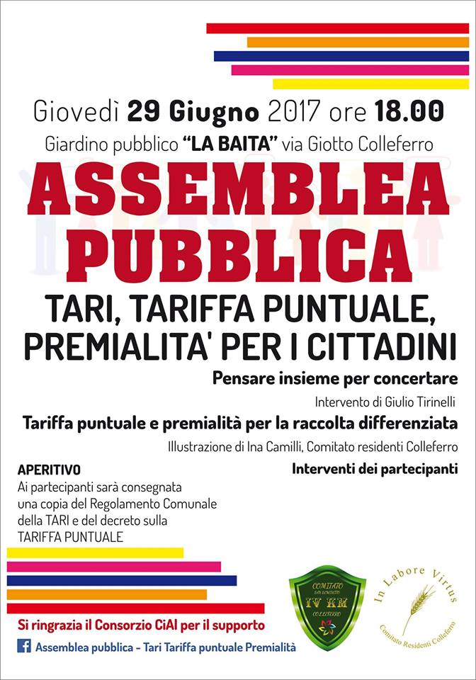 Colleferro, Assemblea pubblica - Tari, Tariffa puntuale e Premialità il 29 giugno