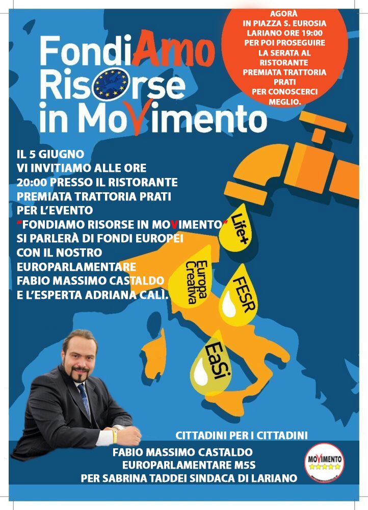 Lariano, "Fondiamo risorse in MoVimento": l'evento dei 5 Stelle per parlare di fondi europei