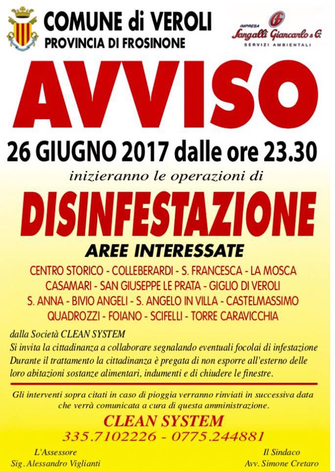 Veroli, lunedì 26 giugno la derattizzazione e disinfestazione.