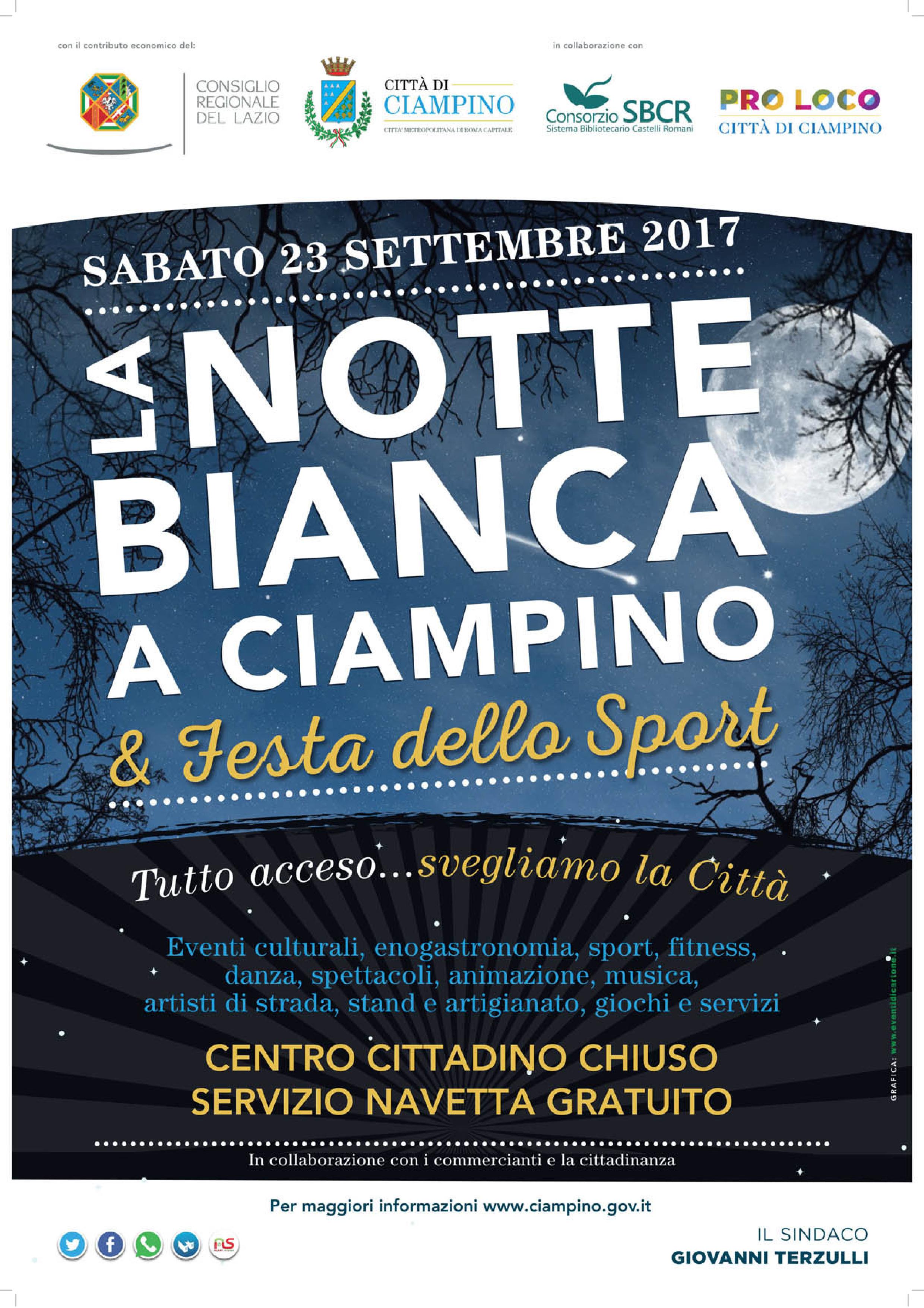 Ciampino, sabato 23 settembre 2017 si terrà la IV° edizione de “La Notte Bianca e Festa dello Sport”