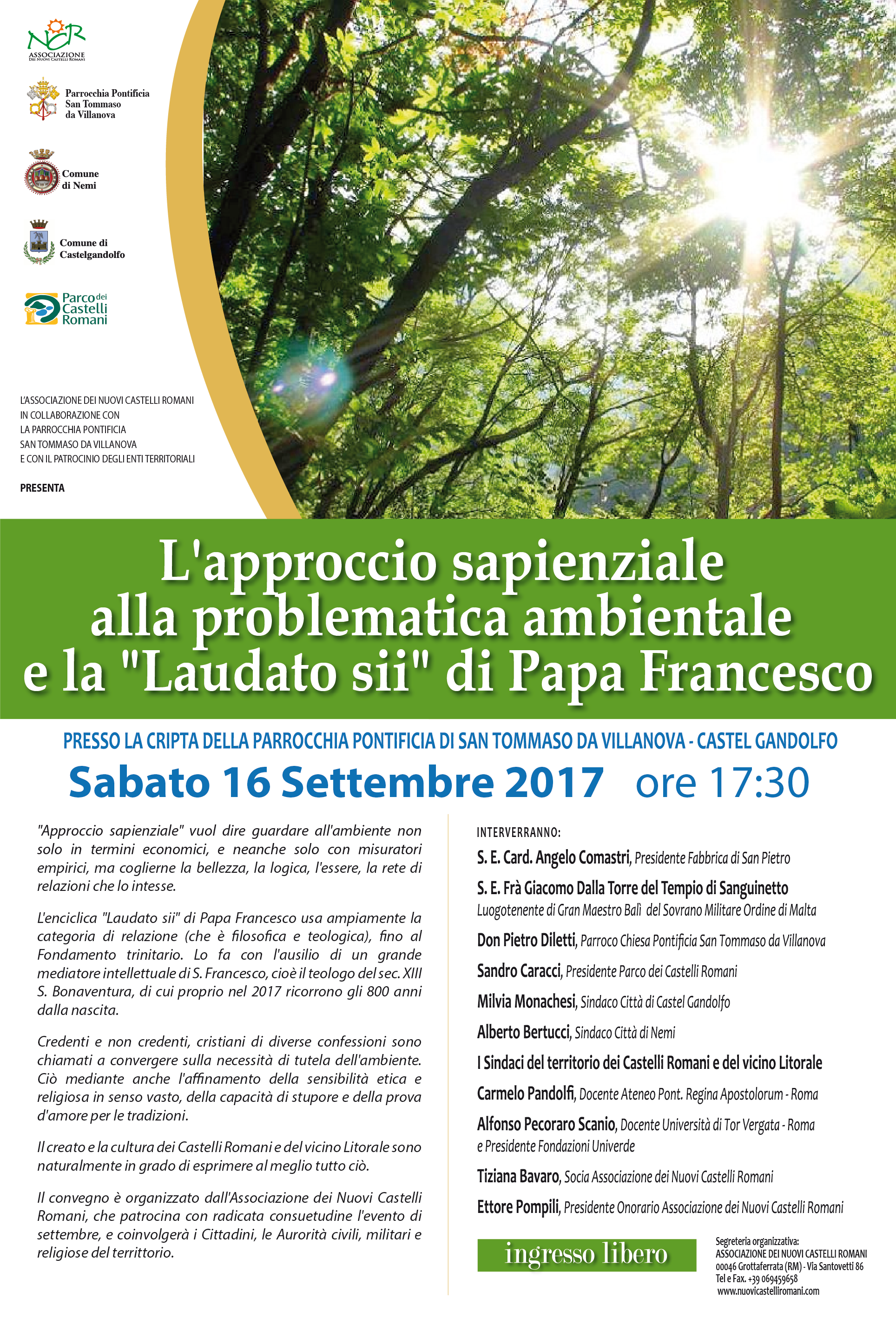 Castel Gandolfo, sabato 16 Settembre l’evento ambientalistico “Approccio sapienziale e la “Laudato sii” di Papa Francesco”