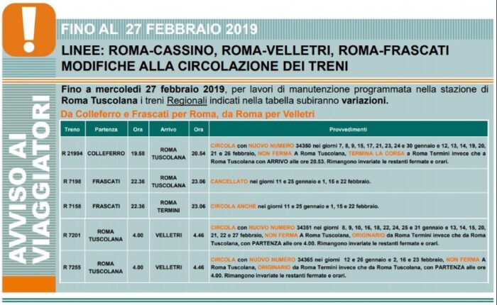 Linee Roma-Cassino, Roma-Velletri e Roma-Frascati: variazioni orari dei treni fino al 27 febbraio 2019