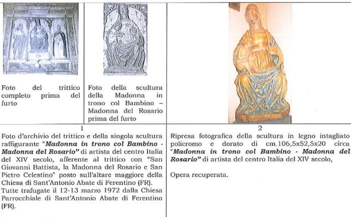 Ferentino, recuperata dopo quasi 50 anni la statua della Madonna del Rosario in trono con Bambino