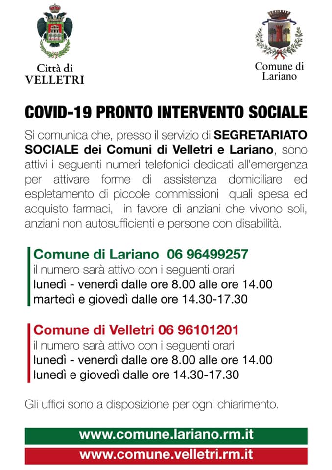 Coronavirus Lariano Velletri Pronto Intervento Sociale numeri utili