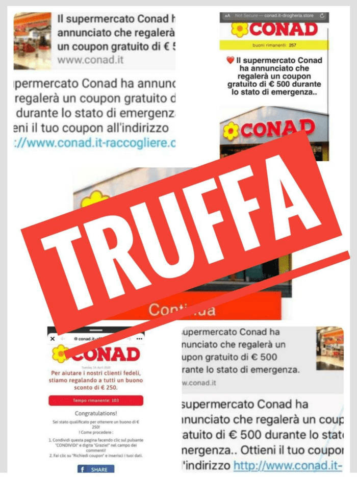 Ancora falsi buoni spesa Conad su internet: inserisci i dati e ricevi un voucher, così funziona la truffa