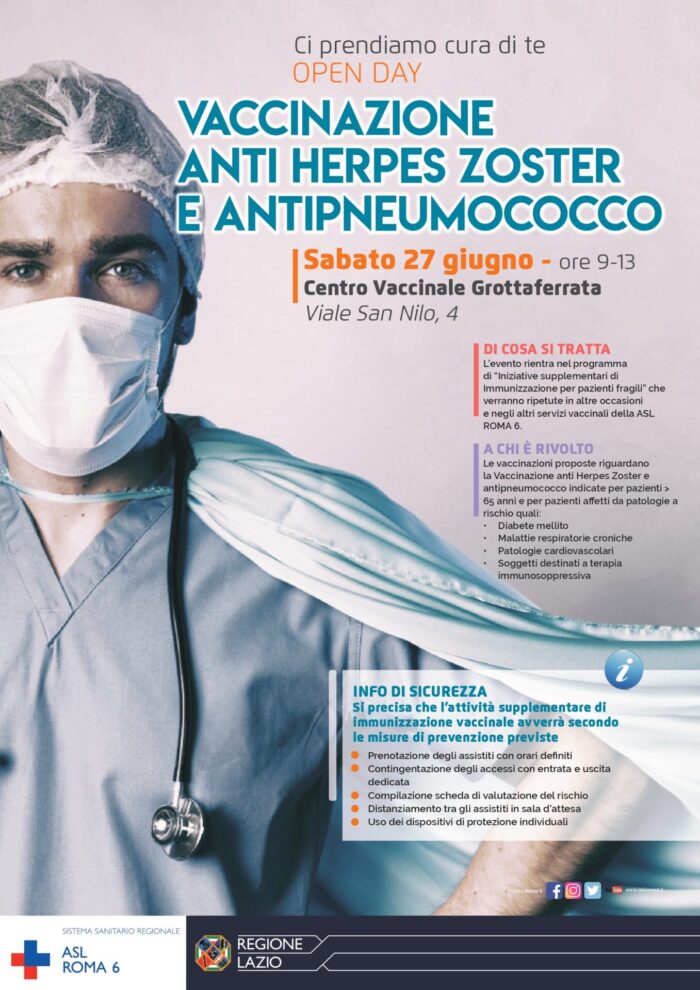 Grottaferrata, open day Vaccinazioni anti Herpes Zoster e Antipneumococco della Asl Rm6: "Ci prendiamo cura di te"