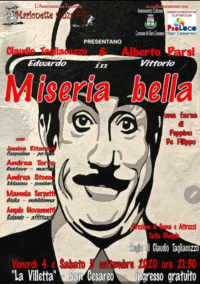 San Cesareo, spettacolo gratuito "Miseria bella" di Peppino De Filippo, messo in scena dall'associazione Marionette senza fili