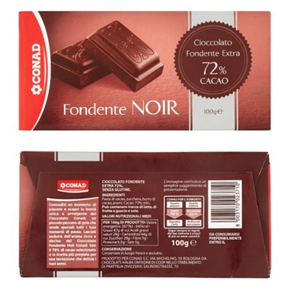 Cioccolato fondente extra richiamato dai supermercati Conad: possibile presenza di plastica dura in due lotti