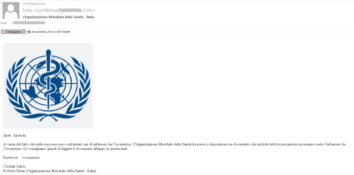 Falsa e-mail dell'OMS con documenti falsi sulla diffusione del Coronavirus: i file contengono Trojan e Worm. Non scaricateli!