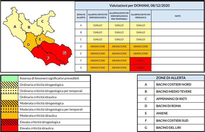 Lazio, allerta meteo codice rosso per l'Immacolata in alcune zone della regione: elevata criticità idrogeologica l'8 dicembre