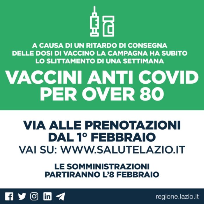 Lazio, slitta di una settimana la vaccinazione anti-Covid per gli over 80