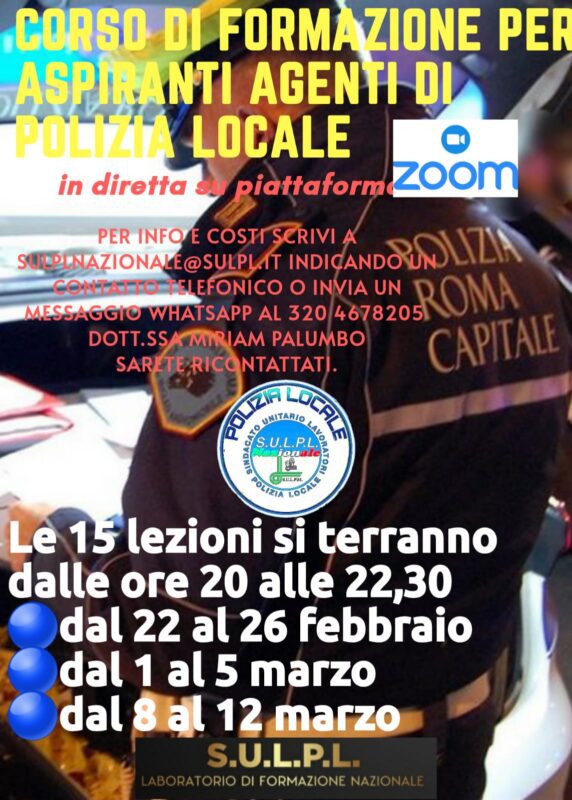 Roma, il Sulpl organizza un corso per aspiranti agenti di Polizia Locale. I dettagli