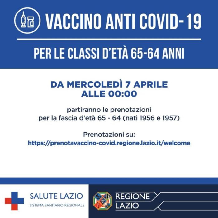 Lazio, vaccini. Al via dal 7 aprile le prenotazioni per chi ha 64 e 65 anni. Gli ultimi aggiornamenti