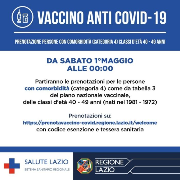 Lazio, dal 30 aprile prenotazioni vaccino Covid per i nati nel 1962 e 1963: buone notizie per 58enni e 59enni