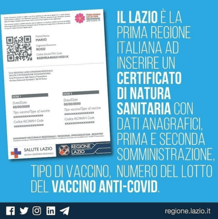 Lazio, certificato vaccinale: ecco come funziona. La nostra è la prima Regione in Italia a rilasciarlo
