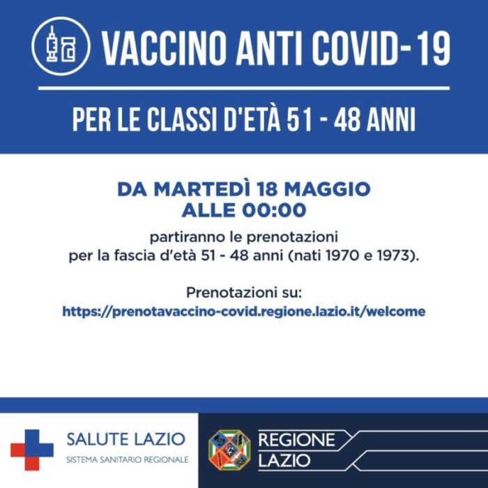 al via dal 18 maggio 2021 le prenotazioni per i nati 1970-1973