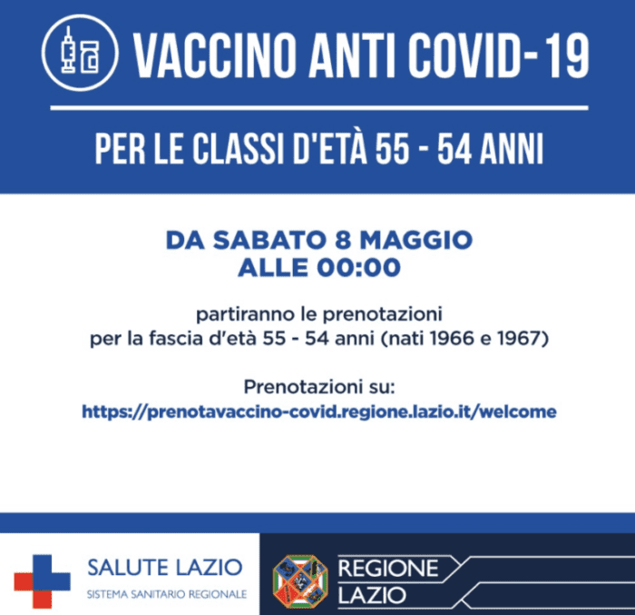 Lazio, dall'8 maggio prenotazione vaccino per fascia d'età 54-55 anni (nati nel 1966 e 1967)