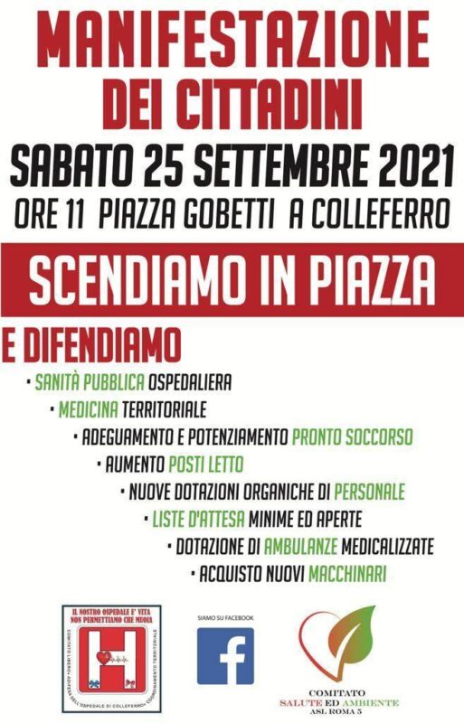 Colleferro. Sabato 25 settembre manifestazione dei cittadini a favore della sanità pubblica: i dettagli