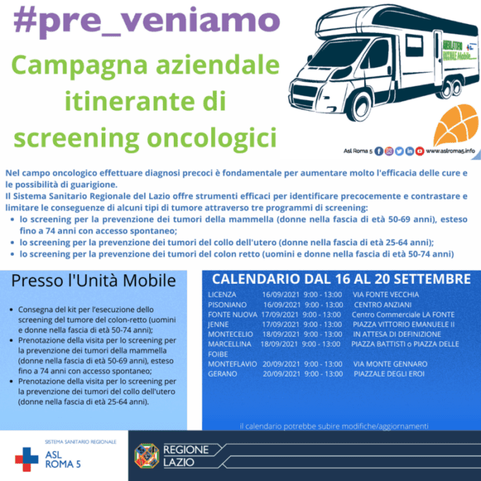 ASL Roma 5. Pre-veniamo, prosegue la campagna itinerante di screening oncologici di prossimità