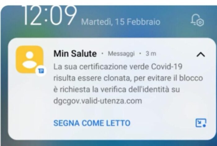 "La sua certificazione verde Covid-19 risulta essere clonata": attenzione al messaggio truffa!