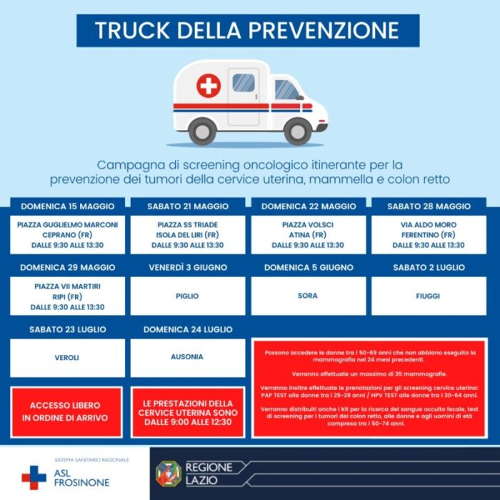 ASL Frosinone, al via la campagna itinerante di prevenzione dei tumori della mammella, cervice uterina e del colon retto