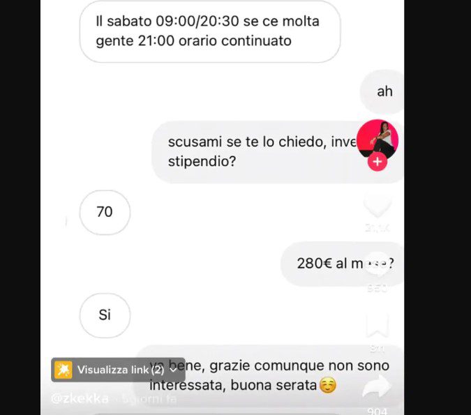 tik tok lavoro 10 ore 280 euro mese