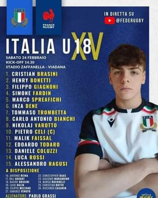 Italrugby Under 18 sabato 24 febbraio in campo: il giovane Daniele Coluzzi di Colleferro in campo